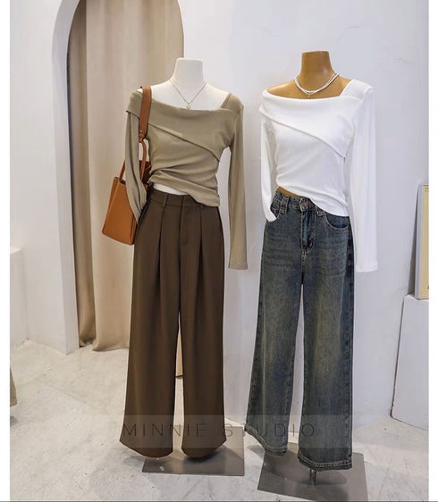 Women Long Sleeves Wide Neckline Tops